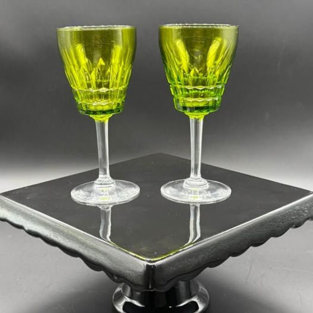 Pair of Vintage Val Saint Lambert green crystal wine glasses